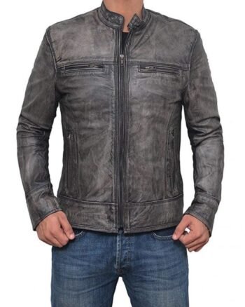 Garcia Distressed Dark Grey Casual Biker Slim Leather Jacket
