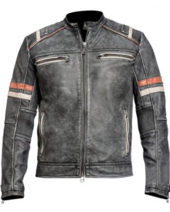 Retro 2 Striped Men's Grey Biker Leather Jacket