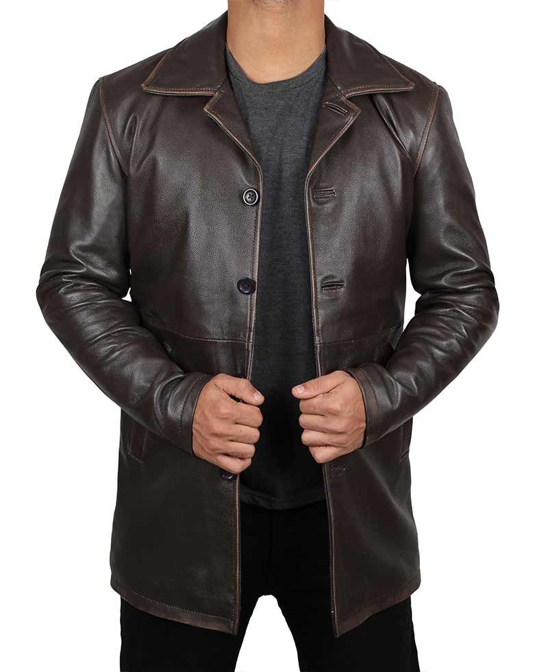 Winchester Distressed Brown Mens Leather Car Coat Jacket