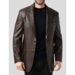 Men's Single Breasted Brown Leather Blazer Coat
