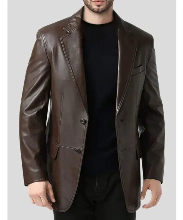 Men's Single Breasted Brown Leather Blazer Coat