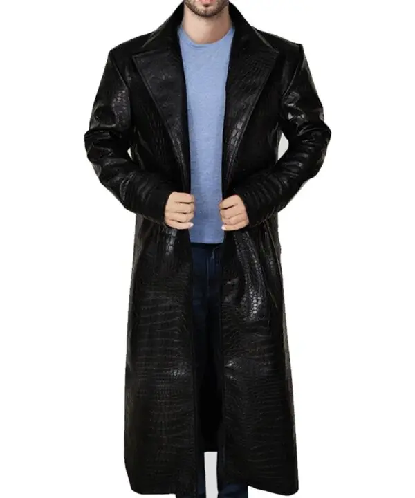 TrendHoop Men Black Aligator Crocodile Embossed Leather Open Style Steampunk Trench Coat
